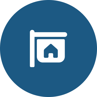 Group 1321317503 White house icon on blue circular background.